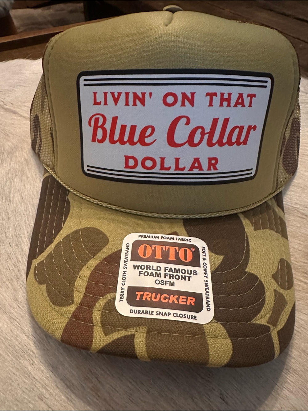 OTTO Camouflage Trucker Hat - Tan Green with Red Logo